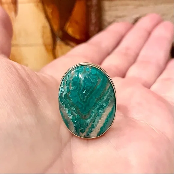 Green Mexican Laguna Lace Agate Gemstone Silver Ring Size 8.5 - Picture 5 of 6
